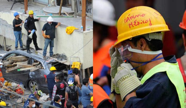 Los cascos de rescatistas mexicanos se llenan de mensajes esperanzadores