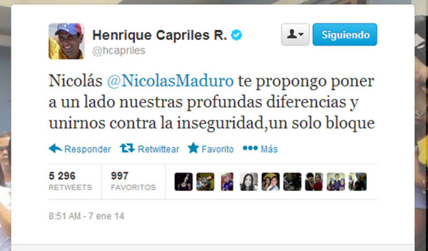 Capriles propone a Maduro lucha conjunta contra inseguridad