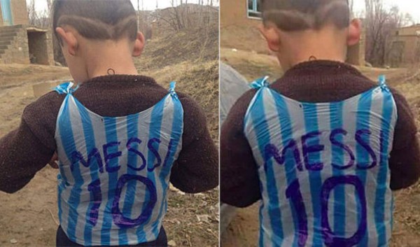 Niño de la camiseta de plástico de Messi es de Afganistán