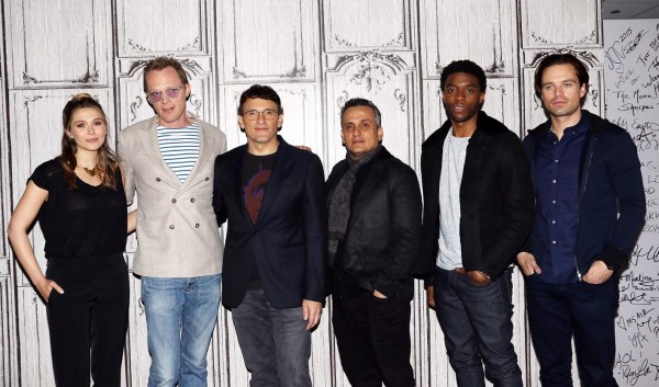 NEW YORK, NY - MAY 04: Elizabeth Olsen, Paul Bettany, Anthony Russo, Joe Russo, Chadwick Boseman and Sebastian Stan attend AOL Build Speaker Series to discuss 'Captain America: Civil War' at AOL Studios In New York on May 4, 2016 in New York City. (Photo by Laura Cavanaugh/FilmMagic)