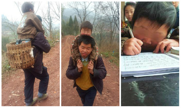 Chino carga a su hijo 28 km para llevarlo a la escuela