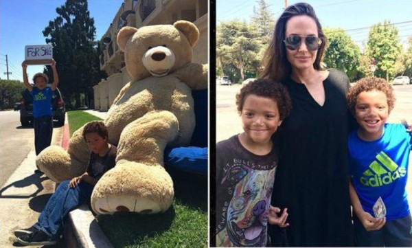 Angelina Jolie compra oso de peluche a dos niños en la calle