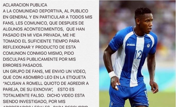 Romell Quioto emite un comunicado para pedir perdón y desmentir una acusación