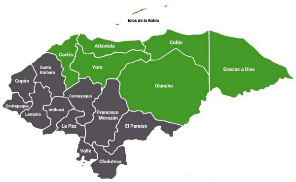 Los departamentos de Honduras en los que se decretó la alerta verde debido a la posible presencia de la tormenta tropical Harvey por suelo hondureño. Foto tomada de Cenaos, Copeco.
