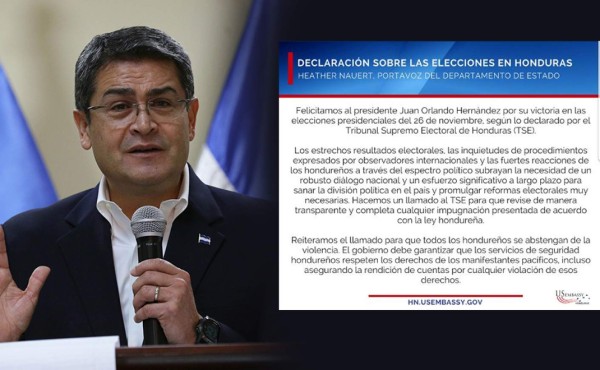 EUA felicita a JOH por su triunfo en las elecciones de Honduras