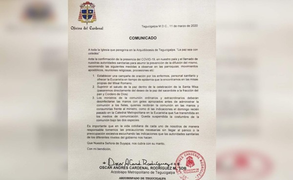 Cardenal Rodríguez pide suprimir saludo en misas tras confirmarse coronavirus en Honduras