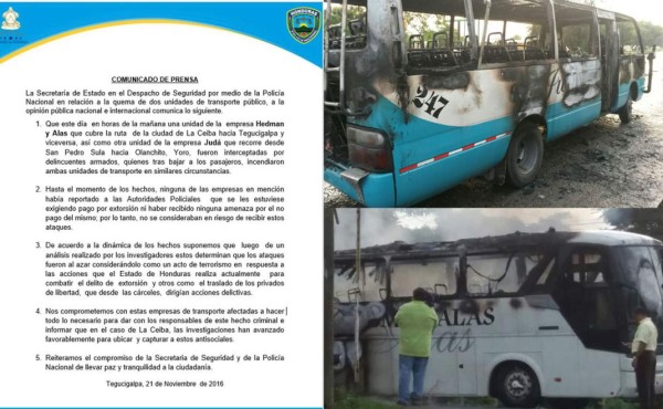 Autoridades se pronuncian tras la quema de buses en La Ceiba y La Lima