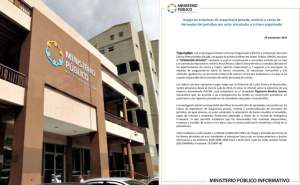 Operación Arcano: Aseguran empresa de maquinaria, minería y venta de productos del petroleo