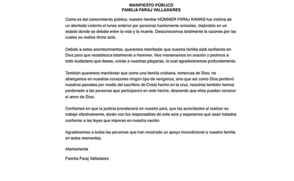 'Hemos perdonado', dice familia del empresario Hommer Faraj