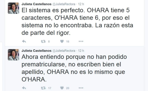 Rectora aclara por qué no hallaba a O'hara en el sistema