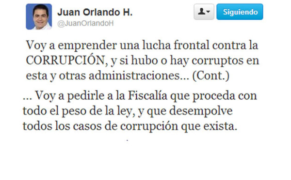 Juan Orlando Hernández promete en Twitter desempolvar casos de corrupción en Honduras