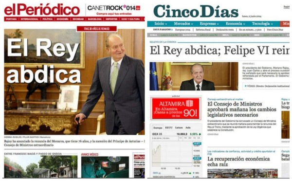 Prensa mundial resalta en sus portadas la abdicación del rey Juan Carlos