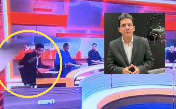 Periodista sufre accidente en plena transmisión tras caerle pantalla gigante