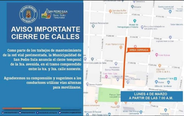 Cierre temporal de la Tercera Avenida por trabajos de bacheo este lunes