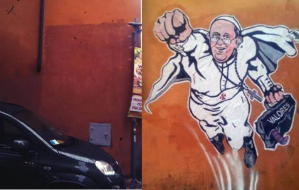 Eliminan el graffiti que representaba a Francisco como un 'súperpapa'