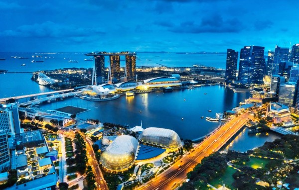 Singapore at night, Aerial view of Marina Bay