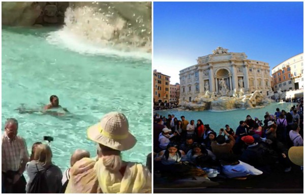 Un hombre cruza nadando y desnudo la Fontana de Trevi de Roma