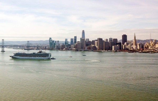 The Grand Princess cruise ship passes by San Francisco, California on March 09, 2020. - More than 3,000 passengers are stuck at sea after at least 21 people tested positive for the novel coronavirus (COVID-19) on-board. (Photo by Josh Edelson / AFP)