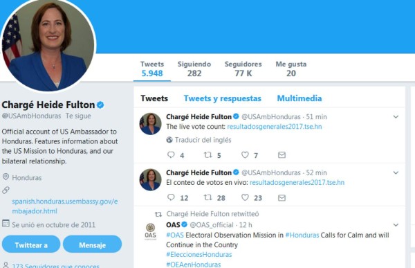 Embajada de EUA en Honduras invita a seguir conteo de votos en vivo
