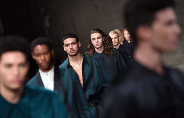 Models walk the runway at the Carlos Campos fashion show during New York Fashion Week Mens' at Skylight Modern on February 6, 2018 in New York City. / AFP PHOTO / ANGELA WEISS