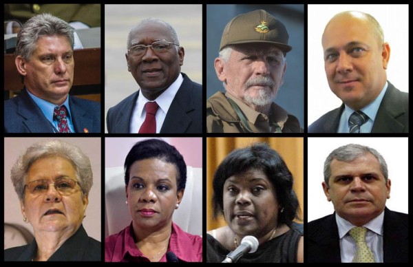 Composition made with pictures of the new members of Cuba's Council of State elected by the National Assembly in Havana on April 19, 2018, (clockwise starting from top left corner) Cuba's President Miguel Diaz-Canel Bermudez, First Vice-President Salvador Valdez Mesa, Vice-President Ramiro Valdez Menendez, 85, Vice-President Roberto Morales, Vice-President Gladys Bejerano, Vice-President Ines Maria Chapman, Vice-President Beatriz Jhonson, and State Council Secretary Homero Acosta.Diaz-Canel is Cuba's new president, succeeding Raul Castro. / AFP PHOTO / STR