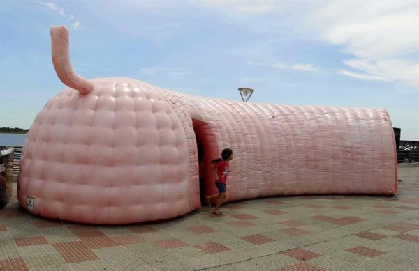 Una reproducción de un colon gigante conciencia sobre el cáncer