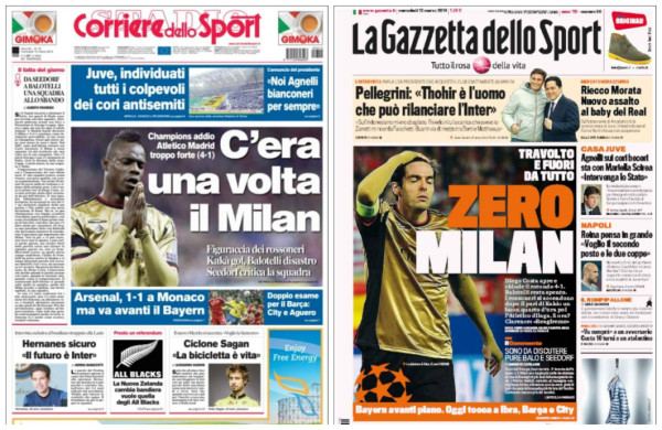 La prensa italiana tilda de abrumadora la derrota del Milan ante el Atlético