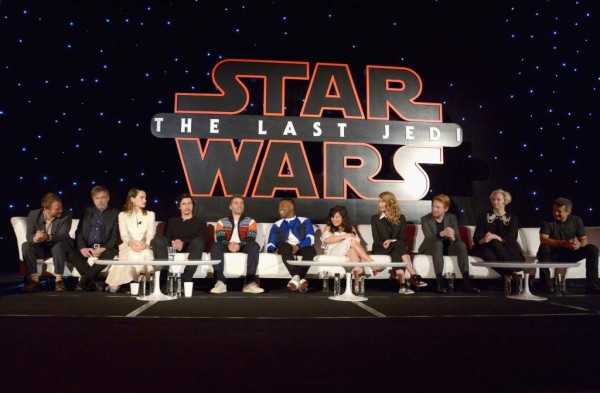 LOS ANGELES, CA - DECEMBER 03: (L-R) Director Rian Johnson, actors Mark Hamill, Daisy Ridley, Adam Driver, Oscar Isaac, John Boyega, Kelly Marie Tran, Laura Dern, Domhnall Gleeson, Gwendoline Christie and Andy Serkis attend the press conference for the highly anticipated Star Wars: The Last Jedi at InterContinental Los Angeles on December 3, 2017 in Los Angeles, California. Charley Gallay/Getty Images for Disney /AFP