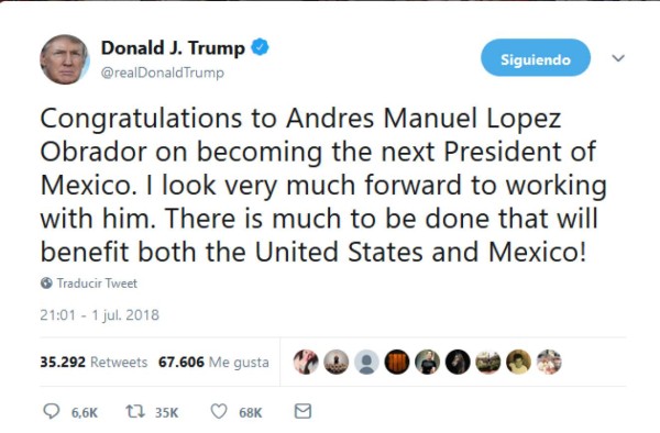 Trump felicita a López Obrador por su victoria y promete 'trabajar con él'