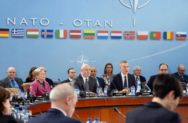NATO Secretary General Jens Stoltenberg (R) speaks during the NATO-Georgia Commission at the NATO headquarters in Brussels on February 16, 2017. / AFP PHOTO / THIERRY CHARLIER