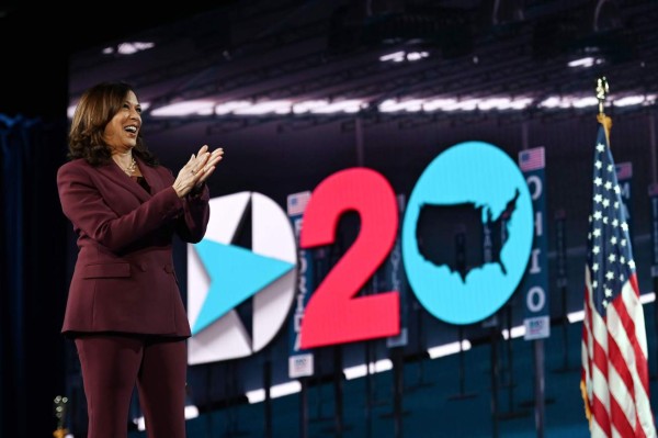 Senator from California and Democratic vice presidential nominee Kamala Harris stands on stage at the end of the third day of the Democratic National Convention, being held virtually amid the novel coronavirus pandemic, at the Chase Center in Wilmington, Delaware on August 19, 2020. (Photo by Olivier DOULIERY / AFP)