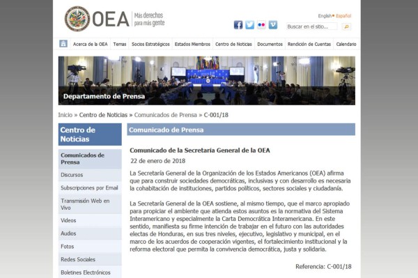 OEA confirma que trabajará con nuevas autoridades del gobierno de Honduras