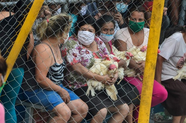 People wait after receiving hens given by Honduran presidential pre-candidate for LIBRE party, Wilfredo Mendez, at the working-class neighbourhood of El Carrizal, in Tegucigalpa on May 7, 2020, amid the new coronavirus pandemic. (Photo by ORLANDO SIERRA / AFP)