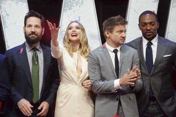 LONDON, ENGLAND - APRIL 26: (L-R) Paul Rudd, Elizabeth Olsen, Jeremy Renner and Anthony Mackie on stage during the European film premiere of 'Captain America: Civil War' at Vue Westfield on April 26, 2016 in London, England (Photo by Dave J Hogan/Dave J Hogan/Getty Images)