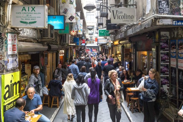 Melbourne, Australia - April 21, 2015: The busy Centre Place alley full of people