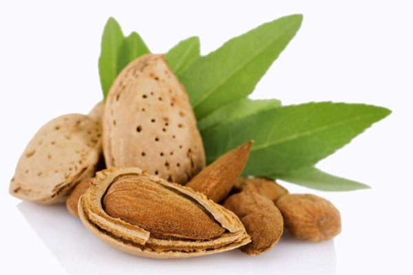 Almond with leaves isolated on white