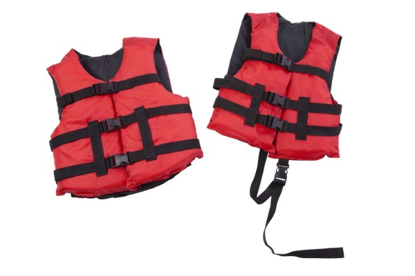 'Red and black children's life jackets, child and youth sizes, isolated on white'