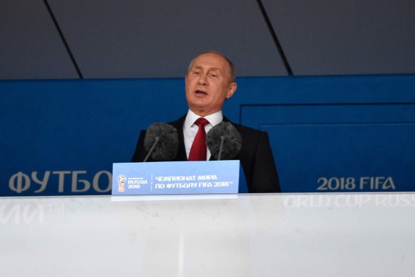 Russian President Vladimir Putin delivers a speech before the Russia 2018 World Cup Group A football match between Russia and Saudi Arabia at the Luzhniki Stadium in Moscow on June 14, 2018. / AFP PHOTO / Alexander NEMENOV / RESTRICTED TO EDITORIAL USE - NO MOBILE PUSH ALERTS/DOWNLOADS