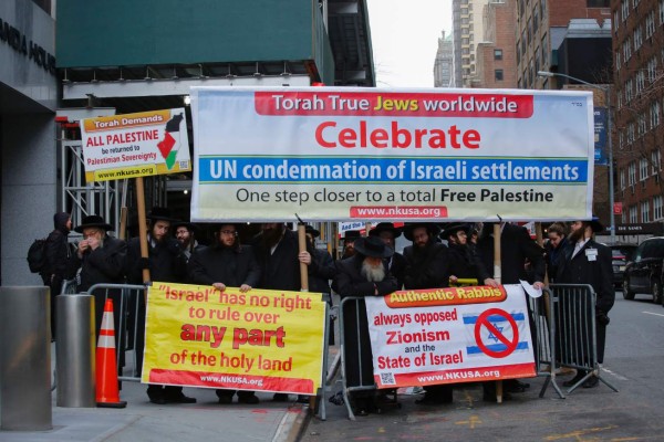 Members of the Jews United Against Zionism take part during a protest in support of Palestine in the wake of the December 23 United Nations Israeli settlement vote December 28, 2016 in New York. / AFP PHOTO / KENA BETANCUR