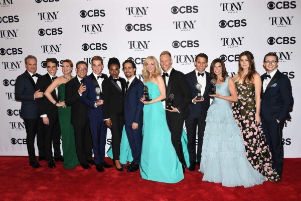 The crew of 'Dear Evan Hanson', winner of the award for Best Musical for ?Dear Evan Hanson,?? poses in the press room during the 2017 Tony Awards at 3 West Club on June 11, 2017 in New York City. / AFP PHOTO / ANGELA WEISS