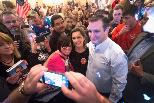 GLEN ELLYN, IL - MARCH 14: Republican presidential candidate Sen. Ted Cruz (R-TX) takes a photo with supporters at a campaign rally at Abbington Banquets on March 14, 2016 in Glen Ellyn, Illinois. Illinois voters go to the polls tomorrow for the state's primary. Scott Olson/Getty Images/AFP