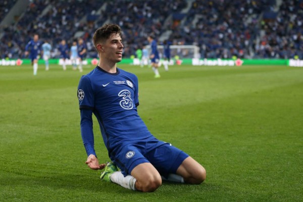 Chelsea's German midfielder Kai Havertz celebrates after scoring his team's first goal during the UEFA Champions League final football match between Manchester City and Chelsea FC at the Dragao stadium in Porto on May 29, 2021. (Photo by Jose Coelho / POOL / AFP)