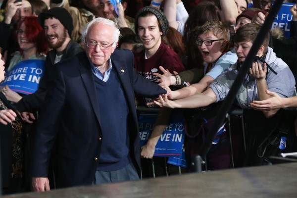 ESSEX JUNCTION, VT - MARCH 01: Democratic presidential candidate, Sen. Bernie Sanders (D-VT) walks onstage to greet supporters after winning the Vermont primary on Super Tuesday on March 1, 2016 in Essex Junction, Vermont. Thirteen states and one territory are participating in today's Super Tuesday: Alabama, Alaska, Arkansas, Colorado, Georgia, Massachusetts, Minnesota, Oklahoma, Tennessee, Texas, Vermont, Virginia, Wyoming and American Samoa. Spencer Platt/Getty Images/AFP== FOR NEWSPAPERS, INTERNET, TELCOS & TELEVISION USE ONLY ==