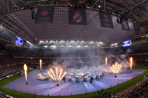 The Black Eyed Peas perform prior to the UEFA Champions League final football match between Juventus and Real Madrid at The Principality Stadium in Cardiff, south Wales, on June 3, 2017. / AFP PHOTO / Ben STANSALL