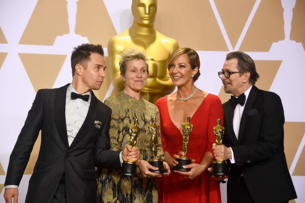 HOLLYWOOD, CA - MARCH 04: (L-R) Actor Sam Rockwell, winner of the Best Supporting Actor award for 'Three Billboards Outside Ebbing, Missouri;' actor Frances McDormand, winner of the Best Actress award for 'Three Billboards Outside Ebbing, Missouri;' actor Allison Janney, winner of the Best Supporting Actress award for 'I, Tonya;' and actor Gary Oldman, winner of the Best Actor award for 'Darkest Hour,' pose in the press room during the 90th Annual Academy Awards at Hollywood & Highland Center on March 4, 2018 in Hollywood, California. Frazer Harrison/Getty Images/AFP