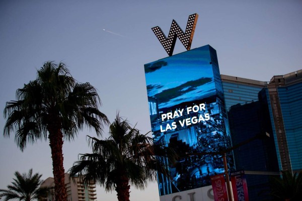 LAS VEGAS, NV - OCTOBER 2: The W Las Vegas displays a message for the victims of Sunday night's mass shooting, October 2, 2017 in Las Vegas, Nevada. Late Sunday night, a lone gunman killed more than 50 people and injured more than 500 people after he opened fire on a large crowd at the Route 91 Harvest Festival, a three-day country music festival. The massacre is one of the deadliest mass shooting events in U.S. history. Drew Angerer/Getty Images/AFP== FOR NEWSPAPERS, INTERNET, TELCOS & TELEVISION USE ONLY ==