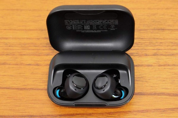 Alexa-infused wireless Echo earbuds that will synch with smartphones are pictured at Amazon's headquarters in Seattle on September 25, 2019. (Photo by Glenn CHAPMAN / AFP)