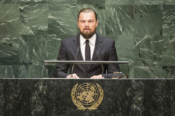 NEW YORK, NY - SEPTEMBER 23: Actor Leonardo DiCaprio speaks at the United Nations Climate Summit on September 23, 2014 in New York City. The summit, which is meeting one day before the UN General Assembly begins, is bringing together world leaders, scientists and activists looking to curb climate change. (Photo by Andrew Burton/Getty Images)