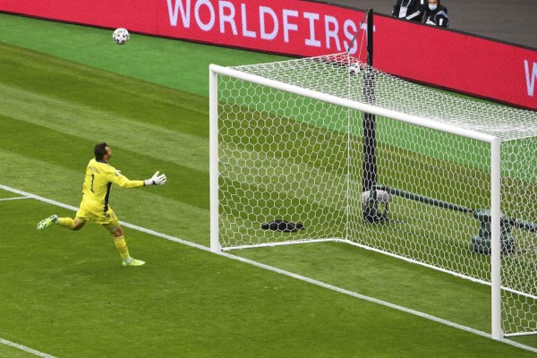 Scotland's goalkeeper David Marshall misses a save as Czech Republic's forward Patrik Schick scores his team's second goal during the UEFA EURO 2020 Group D football match between Scotland and Czech Republic at Hampden Park in Glasgow on June 14, 2021. (Photo by ANDY BUCHANAN / POOL / AFP)