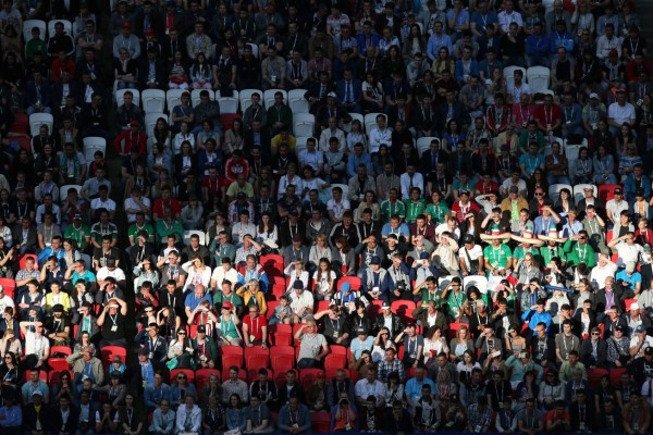 A ray of light is seen on the crowd during the 2017 Confederations Cup group A football match between Portugal and Mexico at the Kazan Arena in Kazan on June 18, 2017. / AFP PHOTO / Roman Kruchinin